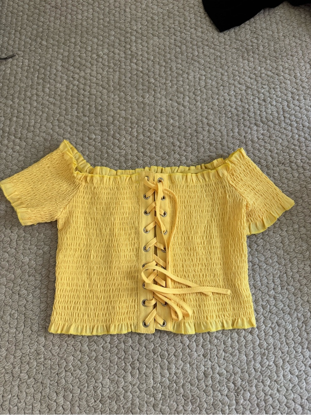 Lace-Up Smocked Off-Shoulder Crop Top in Yellow